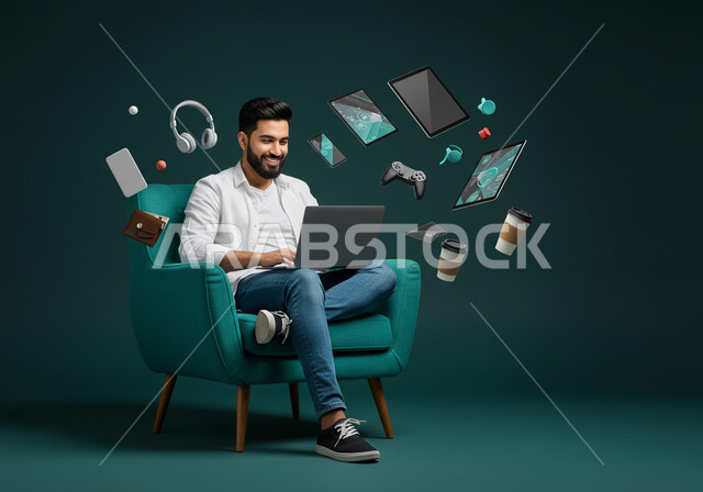 Integrating work with technology and techniques, managing and organizing business affairs through technical devices, office administrative professions and jobs, portrait of a Saudi Arabian Gulf businessman wearing casual clothes holding a mobile phone in his hand, completing the required work tasks, blue background with icons