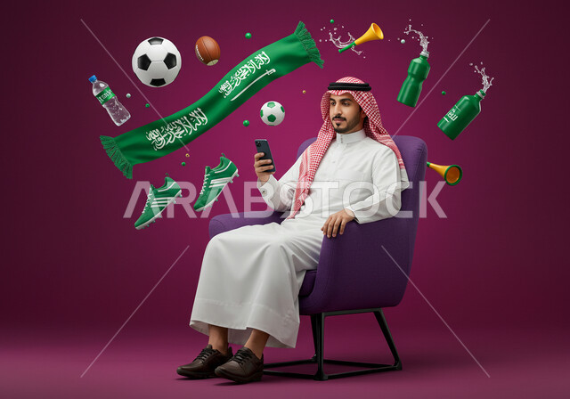 استضافة الأولومبياد الرياضية، مونديال المملكة العربية السعودية فيفا, تشجيع الفريق السعودي, بورتريه لرجل عربي خليجي سعودي يرتدي الثوب التقليدي والشماغ يجلس على كرسي مريح يحمل بيده الهاتف المحمول، خلفية وردية مع ايقونات كاس العالم