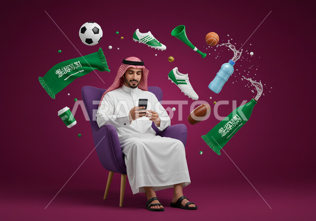 استضافة الأولومبياد الرياضية، مونديال المملكة العربية السعودية فيفا, تشجيع الفريق السعودي, بورتريه لرجل عربي خليجي سعودي يرتدي الثوب التقليدي والشماغ يجلس على كرسي مريح يحمل بيده الهاتف المحمول، خلفية وردية مع ايقونات كاس العالم