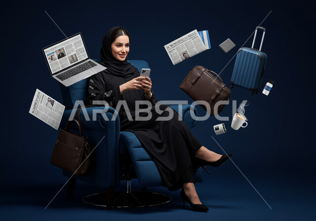 The concept of completing projects and tasks, using modern technical devices, managing and organizing business affairs, a portrait of a veiled Saudi Arabian Gulf woman wearing an abaya sitting on a comfortable chair working on a mobile phone, working remotely, blue background with icons