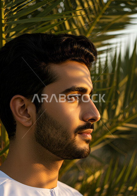The concept of elegance and masculinity, looking at a place with gestures of self-confidence, taking care of one's outward appearance, a close-up side view of an Arab Gulf Emirati man wearing a kandura standing among the trees