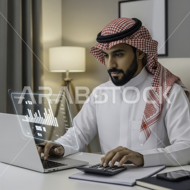 التقدم التقني والتكنولوجي في مجالات العمل، رجل اعمال عربي خليجي سعودي يرتدي الثوب التقليدي والشماغ يقوم بلمس شاشات الهولوجرام ثلاثية الأبعاد يعمل على الحاسب المحمول، رؤية مستقبلية سعودية 2030، استخدام جهاز تقني حديث