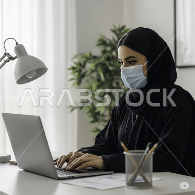 مهنة ووظيفة نسائية مكتبية سعودية، ادارة وانجاز المهام باستخدام جهاز تقني حديث ومتطور, إمرأة عربية خليجية سعودية مبتسمة ترتدي الحجاب والعباءة تعمل على الحاسوب المحمول في مقر الشركة، ايماءات وتعابير السرور والسعادة 