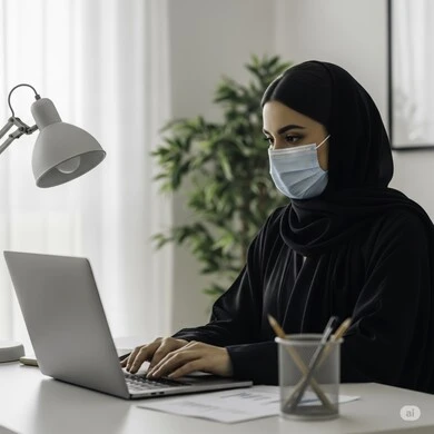 مهنة ووظيفة نسائية مكتبية سعودية، ادارة وانجاز المهام باستخدام جهاز تقني حديث ومتطور, إمرأة عربية خليجية سعودية مبتسمة ترتدي الحجاب والعباءة تعمل على الحاسوب المحمول في مقر الشركة، ايماءات وتعابير السرور والسعادة 
