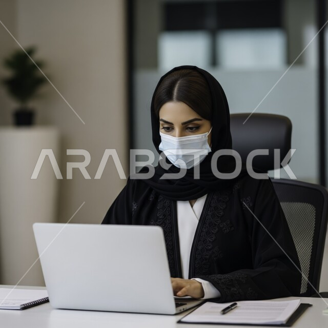 مهنة ووظيفة نسائية مكتبية سعودية، ادارة وانجاز المهام باستخدام جهاز تقني حديث ومتطور, إمرأة عربية خليجية سعودية مبتسمة ترتدي الحجاب والعباءة تعمل على الحاسوب المحمول في مقر الشركة، ايماءات وتعابير السرور والسعادة 