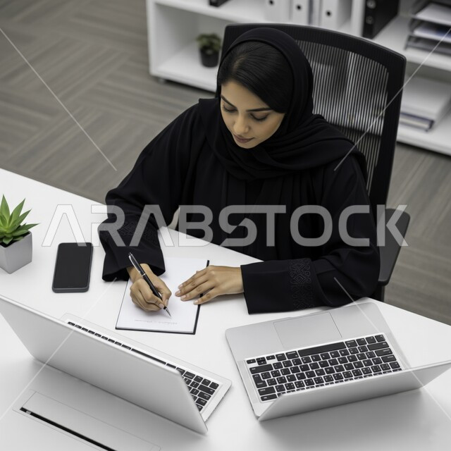 مهنة ووظيفة نسائية مكتبية سعودية، ادارة وانجاز المهام باستخدام جهاز تقني حديث ومتطور, إمرأة عربية خليجية سعودية مبتسمة ترتدي الحجاب والعباءة تعمل على الحاسوب المحمول في مقر الشركة، ايماءات وتعابير السرور والسعادة 