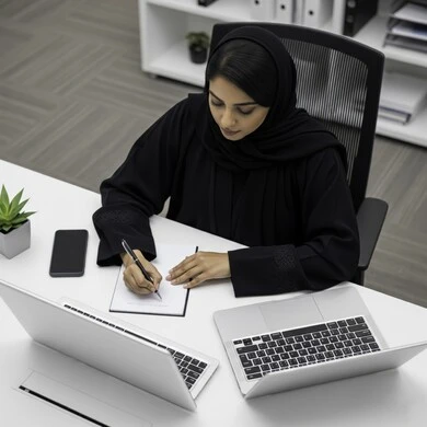 Saudi female office profession and job, managing and completing tasks using a modern and advanced technical device, a smiling Saudi Arabian Gulf woman wearing a hijab and abaya working on a laptop at the company headquarters, gestures and expressions of pleasure and happiness