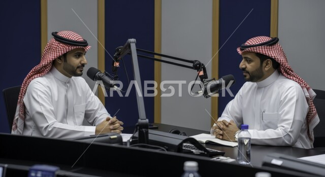  معدات وأجهزة تسجيلات الصوت، اجراء بث صوتي مباشر ( بودكاست ) عبر برامج التواصل الاجتماعي، ايماءات الحماس والتفاعل، تعابير السعادة والسرور، رجل عربي خليجي سعودي يرتدي الثوب والشماغ التقليدي مع رجل بالبدلة الرسمية في مقابلة عمل داخل مقر الشركة