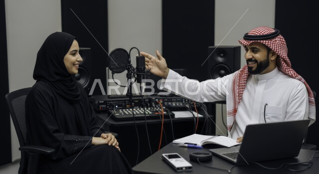 Discussions and dialogues between colleagues, a Saudi Arabian Gulf man wearing the traditional thobe and shemagh with a veiled woman in a job interview inside the company headquarters, gestures of joy and happiness, audio recording equipment and devices, conducting a live audio broadcast (podcast) via social media programs