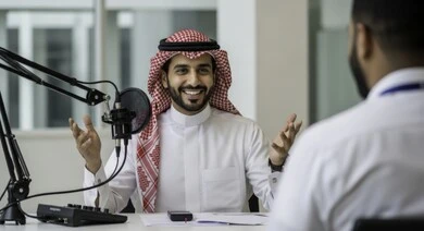 Audio recording equipment and devices, conducting a live audio broadcast (podcast) via social media programs, gestures of enthusiasm and interaction, expressions of happiness and pleasure, a Saudi Arabian Gulf man wearing the traditional thobe and shemagh with a man in a formal suit in a job interview inside the company headquarters