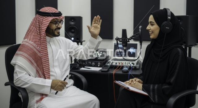 النقاشات والحوارات بين الزملاء، رجل عربي خليجي سعودي يرتدي الثوب والشماغ التقليدي مع سيدة محجبة في مقابلة عمل داخل مقر الشركة، ايماءات الفرح والسرور، معدات وأجهزة تسجيلات الصوت، اجراء بث صوتي مباشر ( بودكاست ) عبر برامج التواصل الاجتماعي