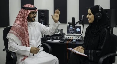 النقاشات والحوارات بين الزملاء، رجل عربي خليجي سعودي يرتدي الثوب والشماغ التقليدي مع سيدة محجبة في مقابلة عمل داخل مقر الشركة، ايماءات الفرح والسرور، معدات وأجهزة تسجيلات الصوت، اجراء بث صوتي مباشر ( بودكاست ) عبر برامج التواصل الاجتماعي