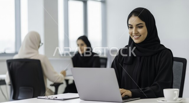 مهنة ووظيفة نسائية مكتبية سعودية، ادارة وانجاز المهام باستخدام جهاز تقني حديث ومتطور, إمرأة عربية خليجية سعودية مبتسمة ترتدي الحجاب والعباءة تعمل على الحاسوب المحمول في مقر الشركة، ايماءات وتعابير السرور والسعادة