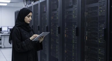 إدارة غرفة التحكم في المستقبل، خوادم الإنترنت العملاقة والسيرفرات, رؤية مستقبلية سعودية 2030, تطوير مراكز البيانات باستخدلم التكنولوجيا، رموز الكترونية هولوغرامية، إمرأة عربية خليجية سعودية ترتدي الحجاب والعباءة تعمل على جهاز التابلت