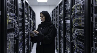 إدارة غرفة التحكم في المستقبل، خوادم الإنترنت العملاقة والسيرفرات, رؤية مستقبلية سعودية 2030, تطوير مراكز البيانات باستخدلم التكنولوجيا، رموز الكترونية هولوغرامية، إمرأة عربية خليجية سعودية ترتدي الحجاب والعباءة تعمل على جهاز التابلت