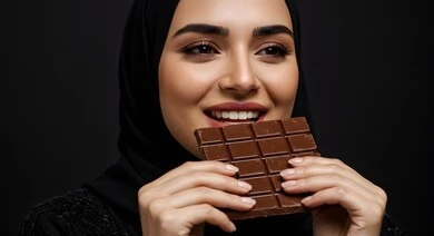 قطع الحلوى اللذيذة، سكريات و أطعمه ذات سعرات حراريه عاليه، بورتريه مقرب لإمرأة عربية خليجية سعودية ترتدي الحجاب والعباءة تقم بتناول لوح من الشوكولاته، قالب الكاكاو الشهية, خلفية رمادية