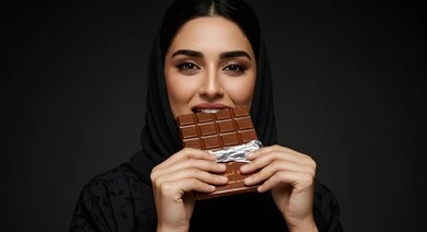 قطع الحلوى اللذيذة، سكريات و أطعمه ذات سعرات حراريه عاليه، بورتريه مقرب لإمرأة عربية خليجية سعودية ترتدي الحجاب والعباءة تقم بتناول لوح من الشوكولاته، قالب الكاكاو الشهية, خلفية رمادية