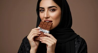 قطع الحلوى اللذيذة، سكريات و أطعمه ذات سعرات حراريه عاليه، بورتريه مقرب لإمرأة عربية خليجية سعودية ترتدي الحجاب والعباءة تقم بتناول لوح من الشوكولاته، قالب الكاكاو الشهية, خلفية رمادية