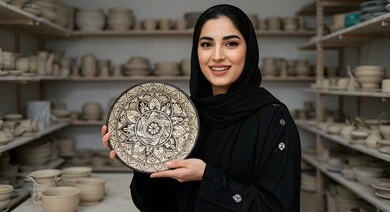 شراء الهدايا التذكارية والفخارات الملونة والمزخرفة، صورة مقربة لإمرأة عربية خليجية سعودية محجبة مبتسمة تمسك بيدها جرة في متجر لبيع أواني الفخار، الأواني والمنتجات الفخارية المصنوعة من الطين، مهن وصناعات يدوية شعبية تراثية قديمة