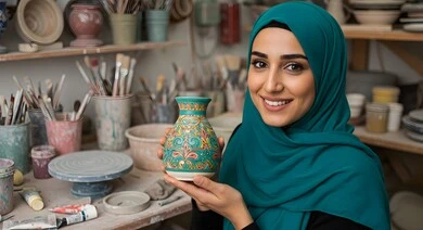 شراء الهدايا التذكارية والفخارات الملونة والمزخرفة، صورة مقربة لإمرأة عربية خليجية سعودية محجبة مبتسمة تمسك بيدها جرة في متجر لبيع أواني الفخار، الأواني والمنتجات الفخارية المصنوعة من الطين، مهن وصناعات يدوية شعبية تراثية قديمة