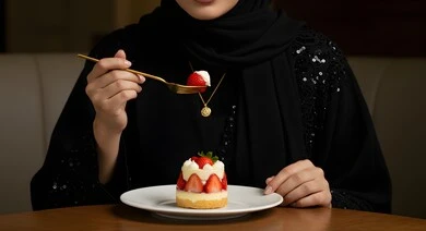 تحلية باردة ولذيذة, صورة مقربة لإمرأة عربية خليجية سعودية ترتدي العباءة تقوم بتناول قطعة تشيز كيك مع طبقات الكريمه و الجبن، قطعه شهية من التشيز كيك مزينة بالفراولة ، حلويات وسكريات شهية ، قطع الحلوى الشرقية