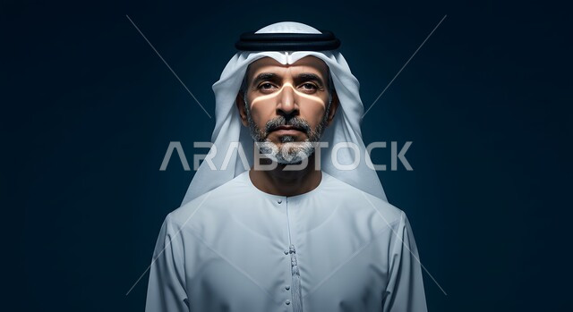 النظر الى الكاميرا بايماءات الجدية والحزم، تعابير الثقة بالنفس، الاهتمام بالمظهر الخارجي, مفهوم الأناقة والرجولة, بورتريه مقرب لرجل عربي خليجي اماراتي يرتدي الكندورة يقف لالتقاط الصور الشخصية للوثائق الرسمية، خلفية داكنة مع اضاءة درامية