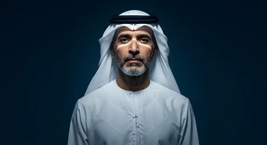 النظر الى الكاميرا بايماءات الجدية والحزم، تعابير الثقة بالنفس، الاهتمام بالمظهر الخارجي, مفهوم الأناقة والرجولة, بورتريه مقرب لرجل عربي خليجي اماراتي يرتدي الكندورة يقف لالتقاط الصور الشخصية للوثائق الرسمية، خلفية داكنة مع اضاءة درامية