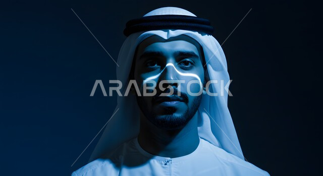 النظر الى الكاميرا بايماءات الجدية والحزم، تعابير الثقة بالنفس، الاهتمام بالمظهر الخارجي, مفهوم الأناقة والرجولة, بورتريه مقرب لرجل عربي خليجي اماراتي يرتدي الكندورة يقف لالتقاط الصور الشخصية للوثائق الرسمية، خلفية داكنة مع اضاءة درامية