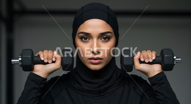  أنشطة عملية تساعد على اللياقة البدنية, أهمية الرياضة لجسد قوي سليم، المحافظة على نظام الحياة الصحي, صورة مقربة لشابة عربية خليجية سعودية محجبة مبتسمة ترتدي الملابس الرياضية تقوم برفع الأوزان, نادي رياضي نسائي في المملكة, ممارسة التمرينات الرياضية بشكل منتظم