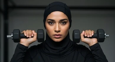 Practical activities that help with physical fitness, the importance of exercise for a strong, healthy body, maintaining a healthy lifestyle, a close-up photo of a smiling, veiled, Saudi Arabian Gulf young woman wearing sportswear lifting weights, a women's sports club in the Kingdom, practicing sports exercises regularly