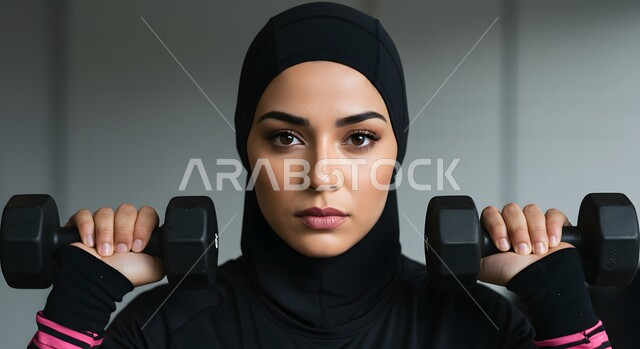  أنشطة عملية تساعد على اللياقة البدنية, أهمية الرياضة لجسد قوي سليم، المحافظة على نظام الحياة الصحي, صورة مقربة لشابة عربية خليجية سعودية محجبة مبتسمة ترتدي الملابس الرياضية تقوم برفع الأوزان, نادي رياضي نسائي في المملكة, ممارسة التمرينات الرياضية بشكل منتظم