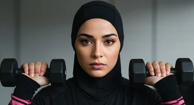 أنشطة عملية تساعد على اللياقة البدنية, أهمية الرياضة لجسد قوي سليم، المحافظة على نظام الحياة الصحي, صورة مقربة لشابة عربية خليجية سعودية محجبة مبتسمة ترتدي الملابس الرياضية تقوم برفع الأوزان, نادي رياضي نسائي في المملكة, ممارسة التمرينات الرياضية بشكل منتظم