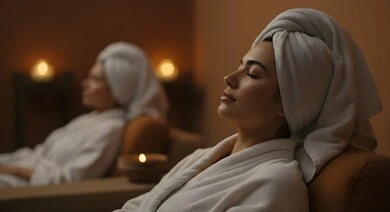 Luxury and pampering in a women's salon and spa, a Saudi Arabian Gulf woman in a women's health resort, relaxation in the sauna and steam room, rest and recreation in a women's health club, attention and care for one's appearance