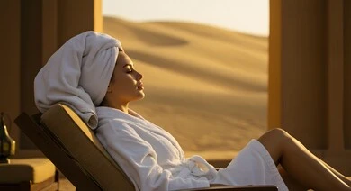 الرفاهية والدلال في صالون وسبا نسائي، إمرأة عربية خليجية سعودية في منتجع صحي نسائي، الإسترخاء في غرفة الساونا والبخار، الراحة والاستجمام في نادي صحي نسائي، الاهتمام والعناية بالمظهر