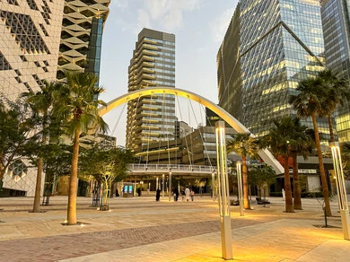 King Abdullah Financial District (KAFD), a view from below of the towers and financial facilities in Riyadh, urban development and growth in Saudi Arabia, the architectural art of the famous buildings and skyscrapers in the Kingdom, the prosperity and achievement of economic and commercial renaissance