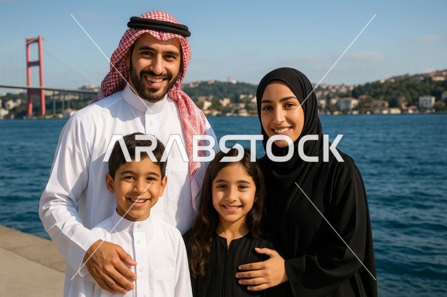 A Saudi Arabian Gulf family on a tourist trip outside the kingdom, a happy Saudi family on summer vacation, gestures of joy and relaxation during the day, a background of the seaside corniche with nature, the concept of travel and tourism.