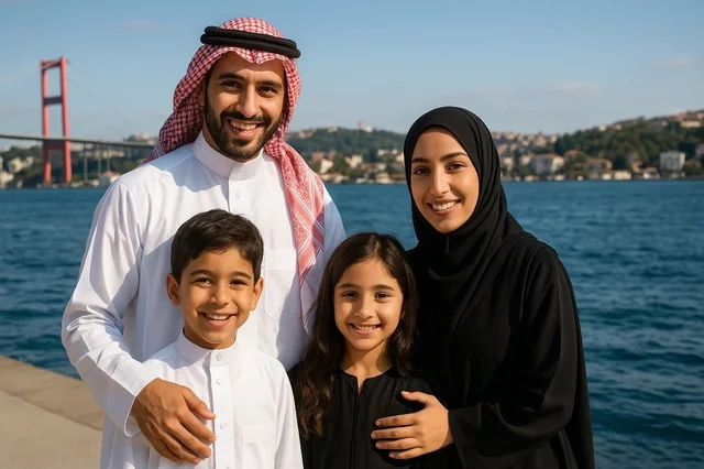 عائله عربيه خليجيه سعوديه في رحله سياحيه خارج المملكه , اسره سعوديه سعيده في العطله الصيفيه , ايماءات السرور والاستجمام في وقت النهار, خلفية كورنيش البحر مع الطبيعه, مفهوم السفر والسياحه