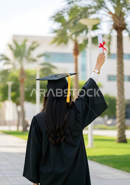 الشعور بالفرح والسعادة، الاحتفال بإنهاء الدراسة الجامعية، صورة من الخلف لطالبة عربية سعودية خليجية ترتدي العباءه وقبعة التخرج ترفع اصابع النصر للاعلى تحمل بيدها الشهادة بإيماءات الرضا والسرور, مفهوم الاجتهاد والتفوق والنجاح