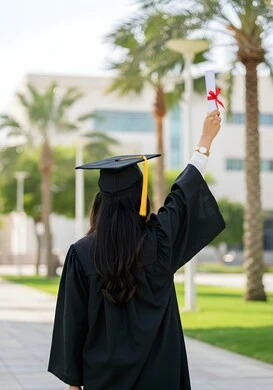 الشعور بالفرح والسعادة، الاحتفال بإنهاء الدراسة الجامعية، صورة من الخلف لطالبة عربية سعودية خليجية ترتدي العباءه وقبعة التخرج ترفع اصابع النصر للاعلى تحمل بيدها الشهادة بإيماءات الرضا والسرور, مفهوم الاجتهاد والتفوق