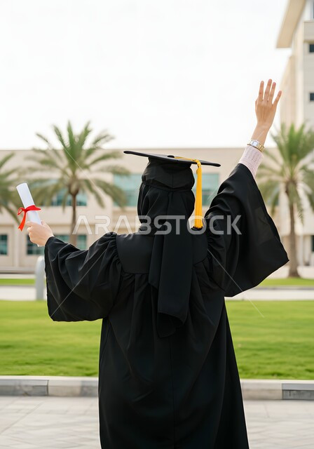 الشعور بالفرح والسعادة، الاحتفال بإنهاء الدراسة الجامعية، صورة من الخلف لطالبة عربية سعودية خليجية ترتدي العباءه وقبعة التخرج ترفع اصابع النصر للاعلى تحمل بيدها الشهادة بإيماءات الرضا والسرور, مفهوم الاجتهاد والتفوق والنجاح