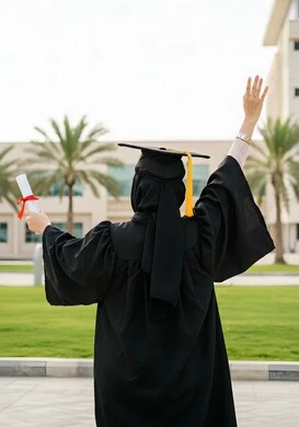 الشعور بالفرح والسعادة، الاحتفال بإنهاء الدراسة الجامعية، صورة من الخلف لطالبة عربية سعودية خليجية ترتدي العباءه وقبعة التخرج ترفع اصابع النصر للاعلى تحمل بيدها الشهادة بإيماءات الرضا والسرور, مفهوم الاجتهاد والتفوق