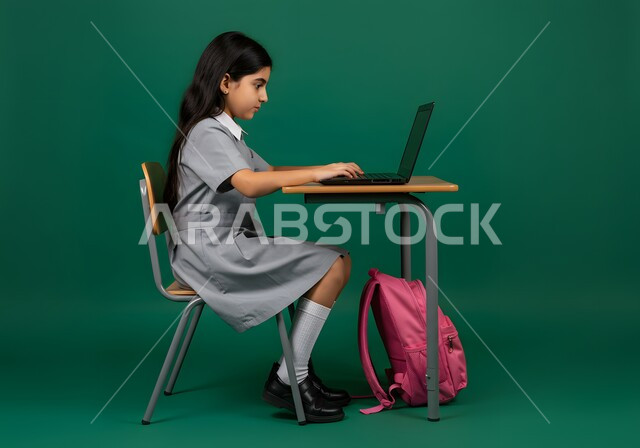 متابعة حصص الاونلاين عن طريق جهاز الحاسوب، بورتريه من الجانب لطالبة عربية خليجية سعودية تستخدم الحاسب المحمول، التعلم عن بعد باستخدام التكنولوجيا الحديثة، خلفية خضراء