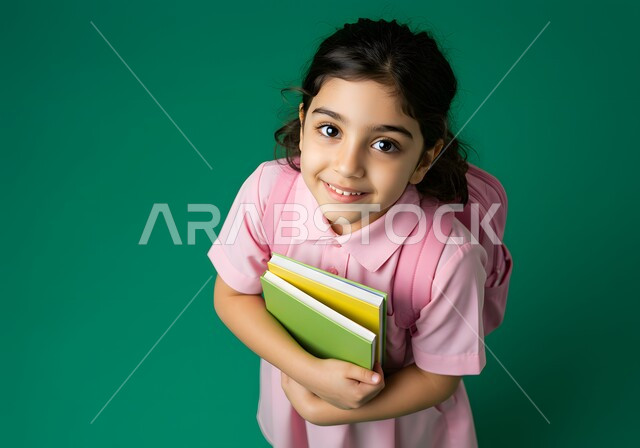الاستعداد للعام الدراسي الجديد، بورتريه مقرب لطالبة عربية خليجية مبتمسة ترتدي الزي المدرسي وحقيبة الظهر تحمل بيدها الدفاتر تنظر إلى الكاميرا بإيماءات السرور، جودة التعليم الدراسي في السعودية، العودة إلى المدارس في المملكة، خلفية خضراء