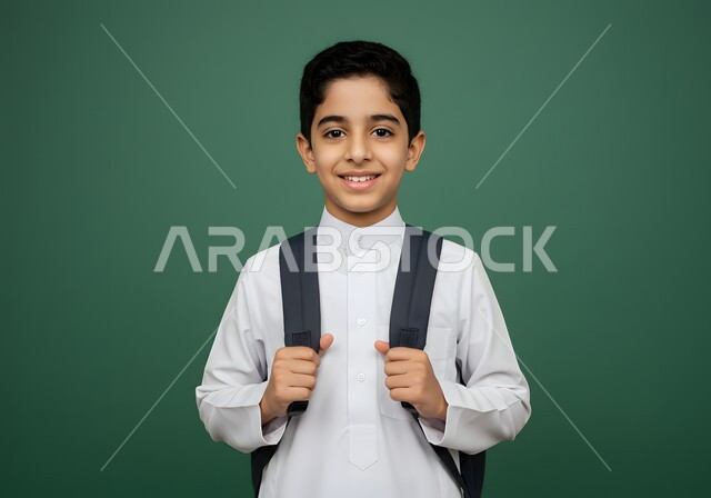 بدء العام الدراسي  في المدارس السعودية، جودة التعليم والتعلم في المملكة، بورتريه لتلميذ عربي خليجي سعودي يحمل حقيبة الظهر المدرسية، العودة الى الفصل الدراسي بايماءات الحماس والسرور، خلفية خضراء