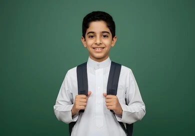بدء العام الدراسي  في المدارس السعودية، جودة التعليم والتعلم في المملكة، بورتريه لتلميذ عربي خليجي سعودي يحمل حقيبة الظهر المدرسية، العودة الى الفصل الدراسي بايماءات الحماس والسرور، خلفية خضراء