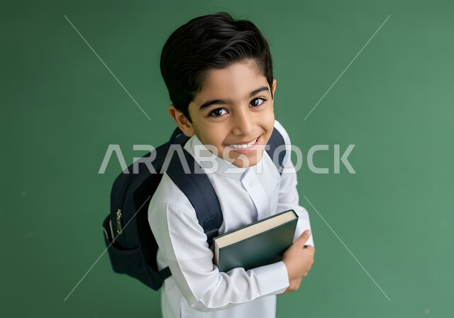 بدء العام الدراسي  في المدارس السعودية، جودة التعليم والتعلم في المملكة، بورتريه لتلميذ عربي خليجي سعودي مبتسم يرتدي الثوب التقليدي وحقيبة الظهر المدرسية يحمل بيده الدفتر بتعابير السرور، العودة الى الفصل الدراسي بايماءات الحماس والسرور، خلفية خضراء