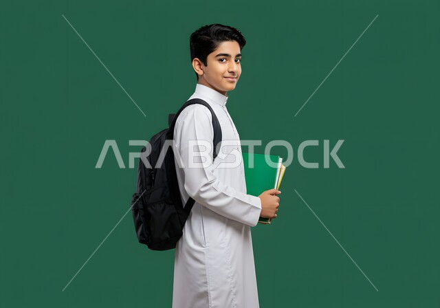 بدء العام الدراسي  في المدارس السعودية، جودة التعليم والتعلم في المملكة، بورتريه لتلميذ عربي خليجي سعودي مبتسم يرتدي الثوب التقليدي وحقيبة الظهر المدرسية يحمل بيده الدفتر بتعابير السرور، العودة الى الفصل الدراسي بايماءات الحماس والسرور، خلفية خضراء