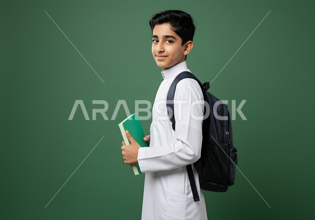 بدء العام الدراسي  في المدارس السعودية، جودة التعليم والتعلم في المملكة، بورتريه لتلميذ عربي خليجي سعودي مبتسم يرتدي الثوب التقليدي وحقيبة الظهر المدرسية يحمل بيده الدفتر بتعابير السرور، العودة الى الفصل الدراسي بايماءات الحماس والسرور، خلفية خضراء