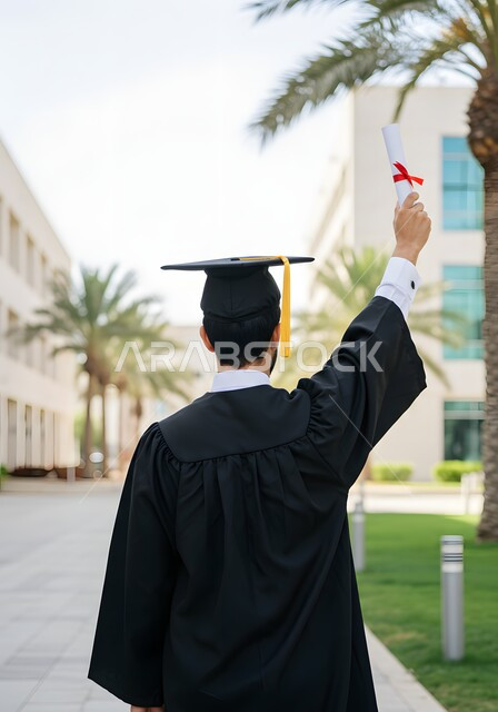 مفهوم الاجتهاد والتفوق والنجاح، الاحتفال بإنهاء الدراسة الجامعية، صورة من الخلف لطالب عربي سعودي خليجي يرتدي العباءه وقبعة التخرج يمسك بيده الشهادة , الشعور بالفرح والانتصار