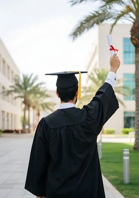 مفهوم الاجتهاد والتفوق، الاحتفال بإنهاء الدراسة الجامعية، صورة من الخلف لطالب عربي سعودي خليجي يرتدي العباءه وقبعة التخرج يمسك بيده الشهادة , الشعور بالفرح والانتصار
